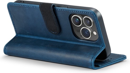 Blauw lederen portemonnee-hoesje voor iPhone 14 Pro, open en staand.