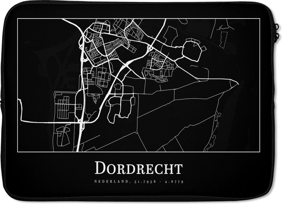 Laptophoes 14 inch - Kaart - Dordrecht - Plattegrond - Stadskaart - Laptop sleeve - Binnenmaat 33x23 cm - Zwarte achterkant - Stadskaart
