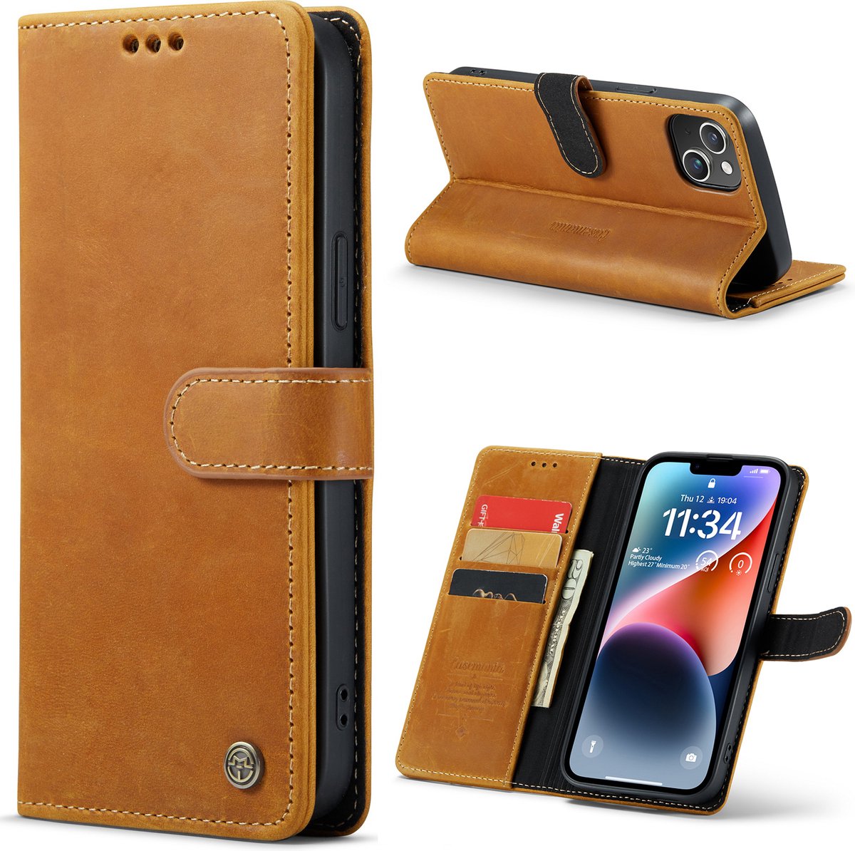 Casemania Echt Leren Hoesje Geschikt voor Apple iPhone 14 Plus - Bruin - Leer Wallet Hoes - Portemonnee Book Cover met Pasjeshouder