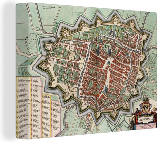 Canvas Schilderij Kaart - Groningen - Vintage - 80x60 cm - Wanddecoratie