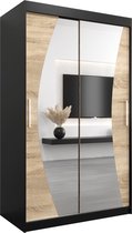 InspireMe - Kledingkast met 2 schuifdeuren, Modern-stijl, Een kledingkast met planken en een spiegel (BxHxD): 120x200x62 - KAHUNA 120 Zwart Mat + Sonoma Eik met 2 lades