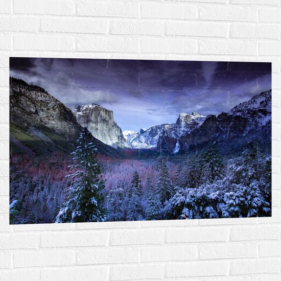 WallClassics - Muursticker - Besneeuwde Bergen met Bomen en Rotsen - 105x70 cm Foto op Muursticker