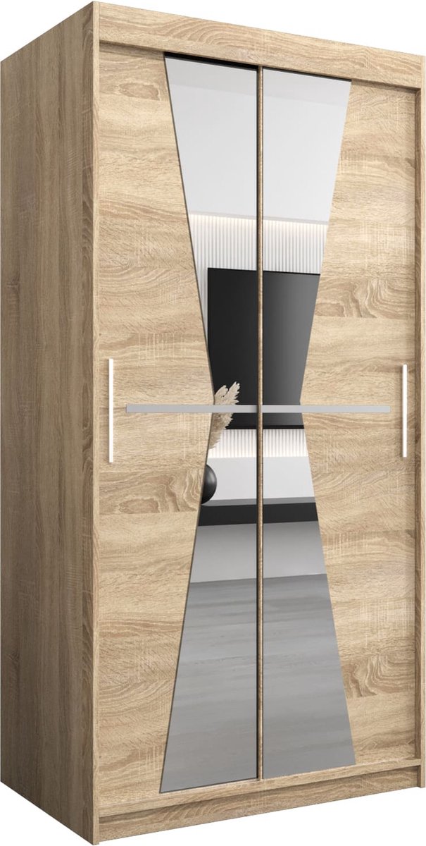 InspireME Kledingkast met 2 schuifdeuren, Modern-stijl, Een kledingkast met planken en een spiegel (BxHxD): 100x200x62 - TOTO 100 Sonoma Eik met 2 lades
