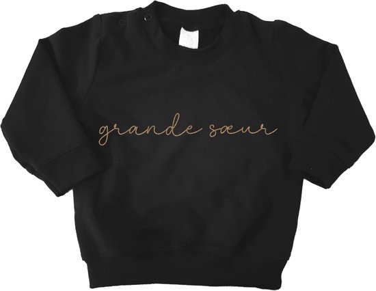 Sweater voor kind - Grande Soeur - Maat 86 - Zwart met gouden opdruk- Big Sister - Ik word grote zus - Gezinsuitbreiding - Zwanger - Geboorte - Meisje - Trui - Peuter - Dreumes