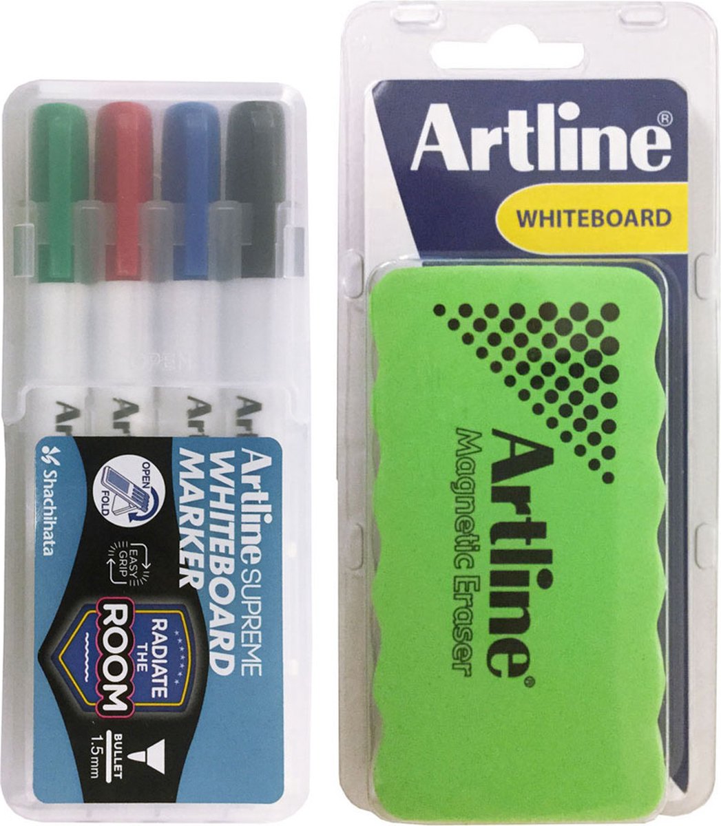Set van box met 4 Whiteboard Markers ass. + Magnetische whiteboardwisser Artline.