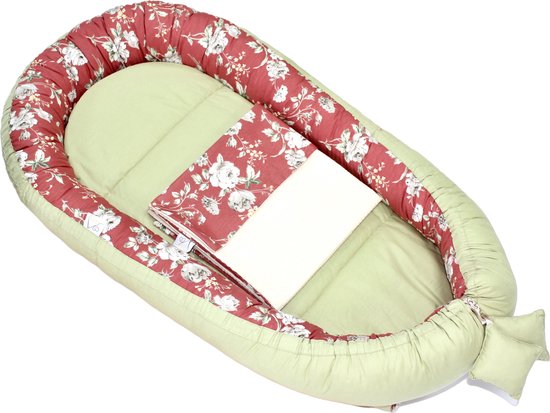 Babynest Eliz Baby Dubbelzijdig 4-delig Olive-Terracotta Red Flowers Babynestje Kraamcadeau