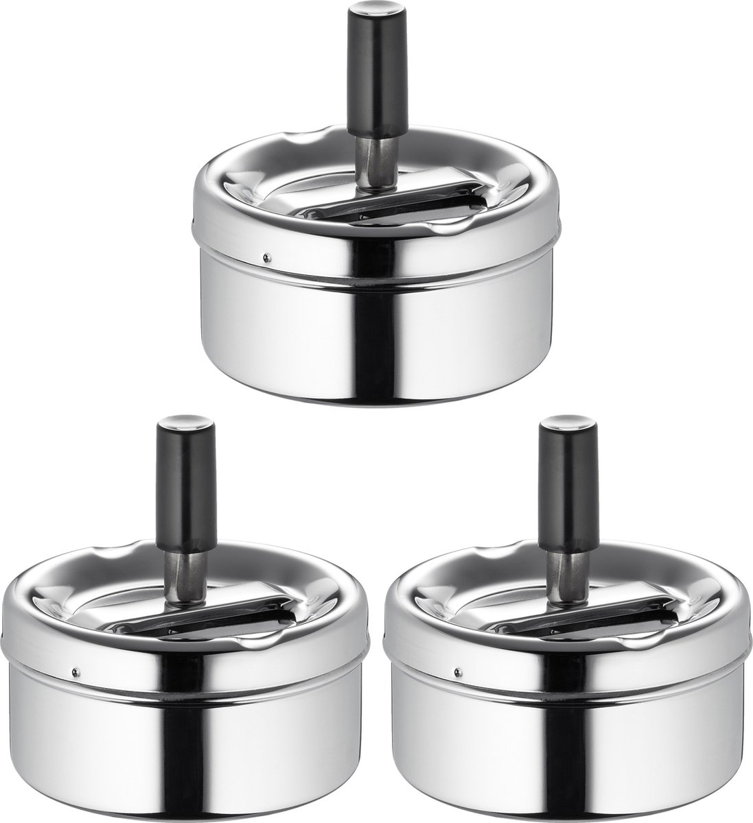 Goedkoopste 3x Draaiasbakken/drukasbakken verchroomd 9 cm - Terrasasbak/tafelasbak/draaiasbak/drukasbak asbak - Rokersbenodigdheden - Rookaccessoires