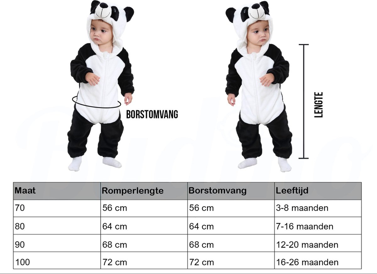 Budino® Baby Onesie - Baby Romper - Baby Pyjama - Baby Pakje - Baby Verkleedkleding - Carnavalskleding - Dier - Pandabeer - Wit Zwart — afbeelding 7