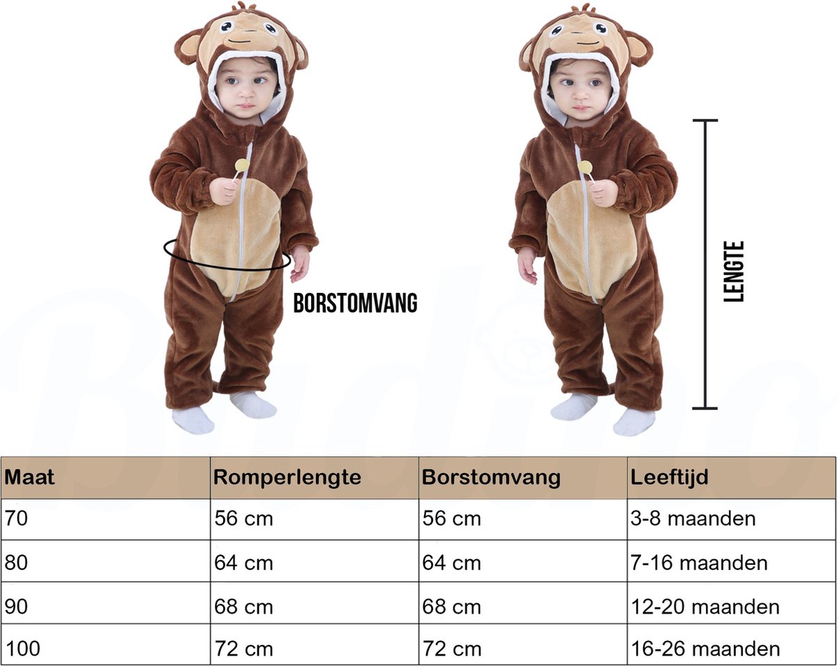 Budino® Baby Onesie - Baby Romper - Baby Pyjama - Baby Pakje - Baby Verkleedkleding - Carnavalskleding - Dier - Aap - Bruin — afbeelding 6