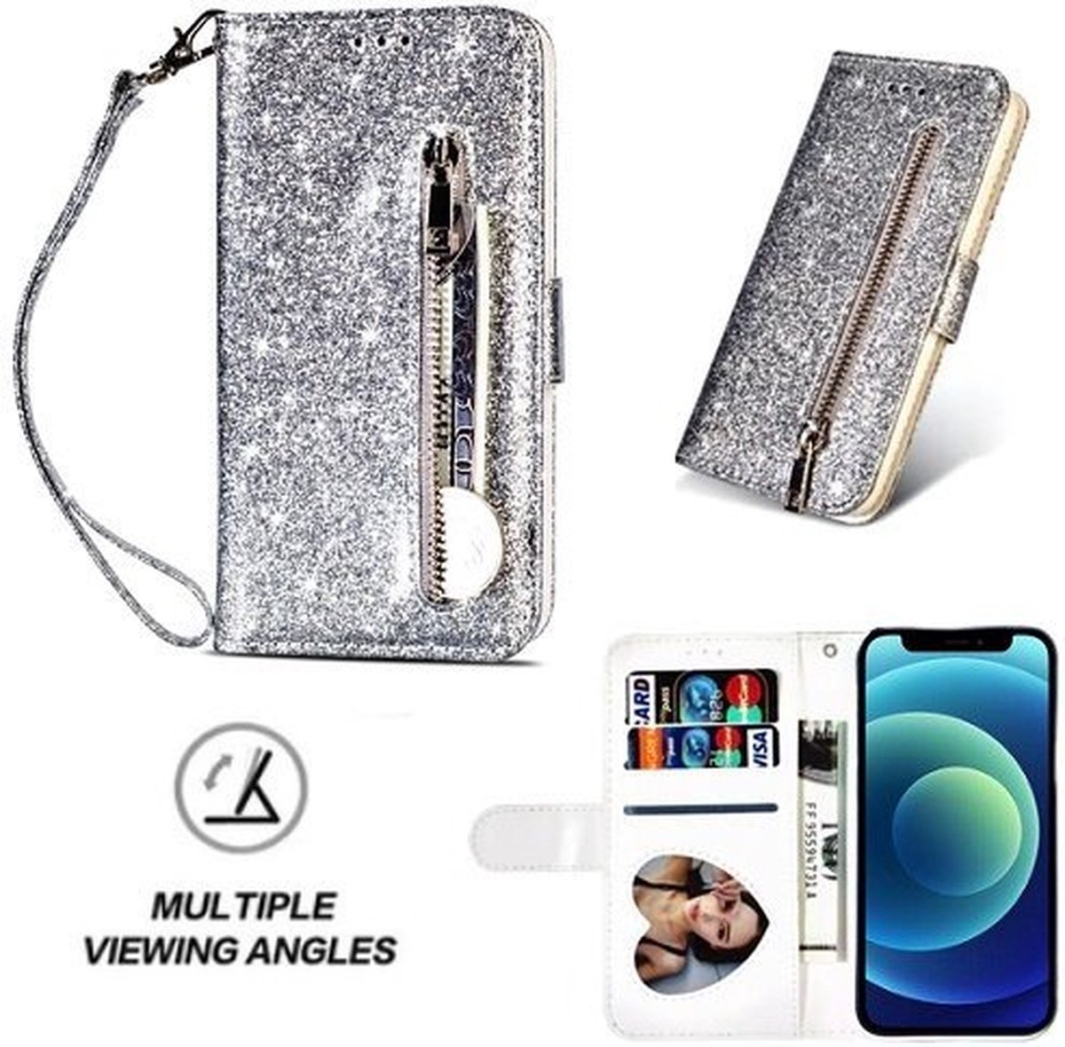 iPhone 12 Mini Glitter Hoesje Met Pasjeshouder Bookcase Zilver
