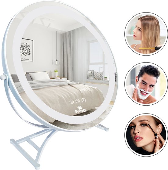 Great's® Make Up Spiegel met LED Verlichting- ⌀ 40cm - Visagie Spiegel Rond - Extra Close up spiegeltje 10x - Wit