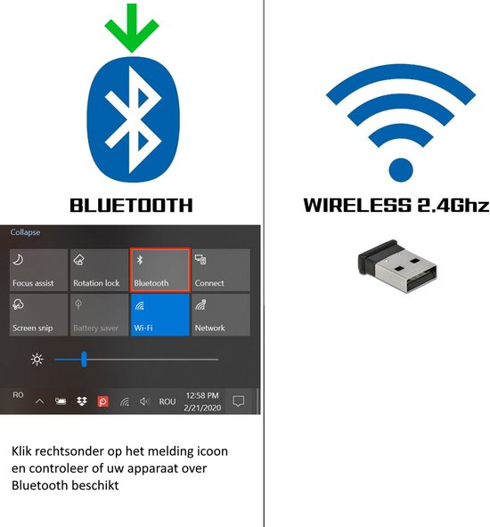 Iconen voor Bluetooth en 2.4GHz Wireless verbindingen. Een afbeelding van een USB-dongle.