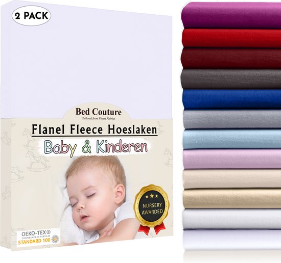 Bed Couture  Flanel Fleece Kinder Hoeslaken - 100% Katoen Extra zacht en Warm - Ledikant - 70x120  Cm - Wit