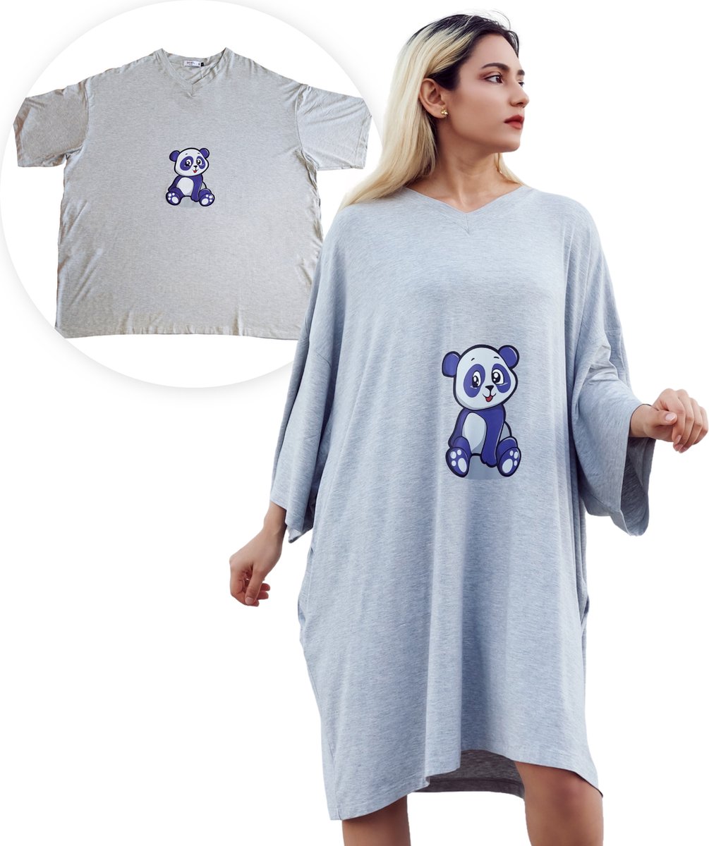 Smileify® Premium Pyjama Slaapshirt – Nachthemd Heren & Dames Korte Mouw – Oversized T Shirt – Big Shirt - Sleep Tee – Slaap Tshirt Vrouwen/Mannen - Valentijn Cadeautje voor Hem/Haar - Grijs met Panda print