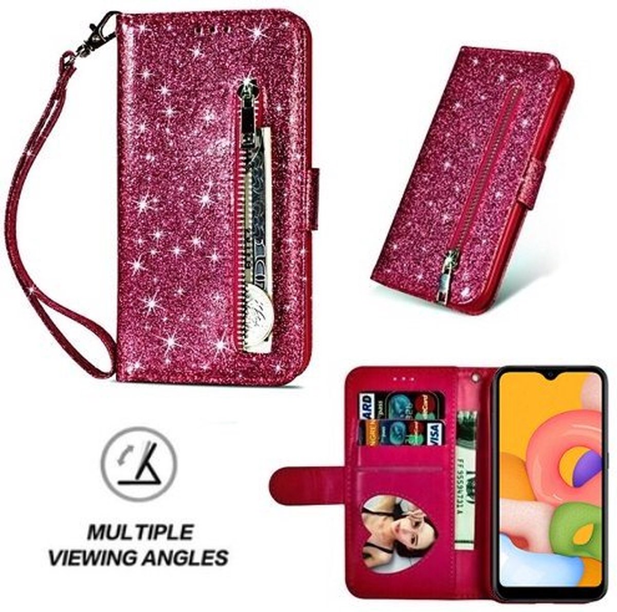Samsung A01 Glitter Hoesje Met Pasjeshouder Bookcase Roze