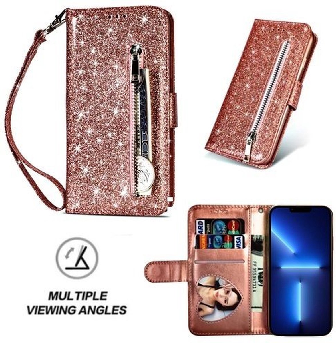 iPhone 13 Pro Glitter Hoesje Met Pasjeshouder Bookcase Rose Goud
