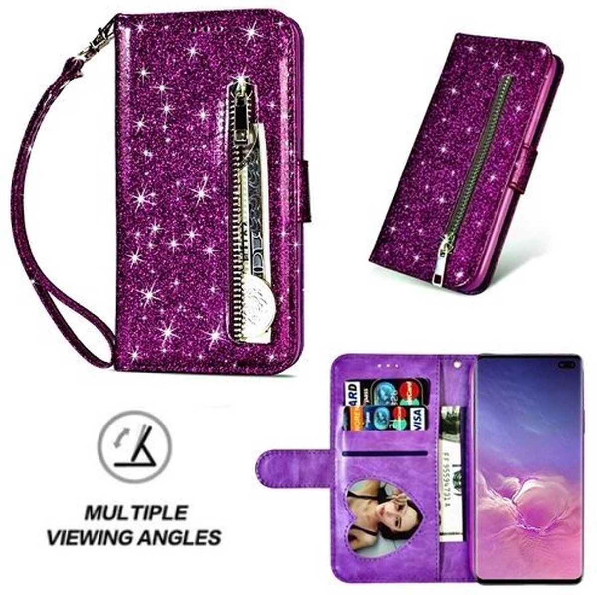 Samsung S10 Plus Glitter Hoesje Met Pasjeshouder Bookcase Paars