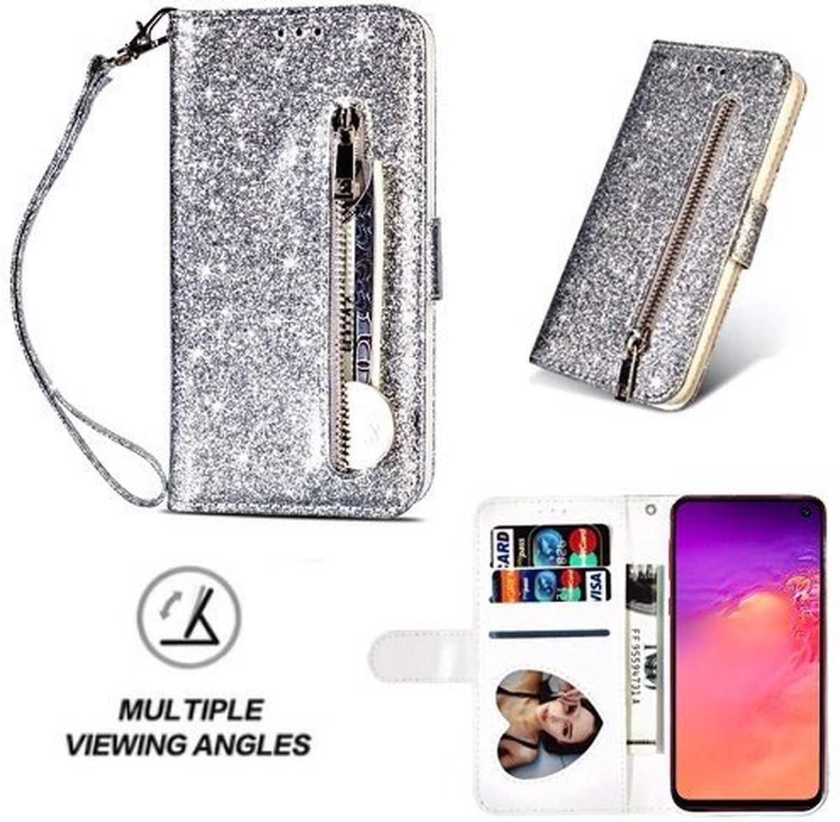 Samsung S10e Glitter Hoesje Met Pasjeshouder Bookcase Zilver