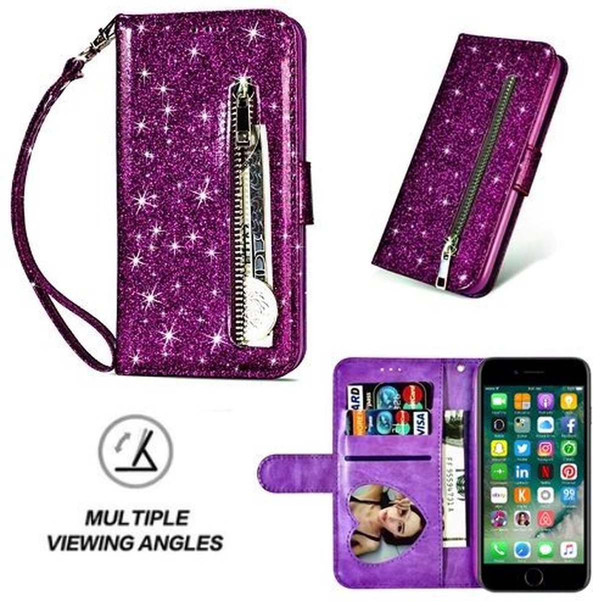 iPhone 7 Glitter Hoesje Met Pasjeshouder Bookcase Paars