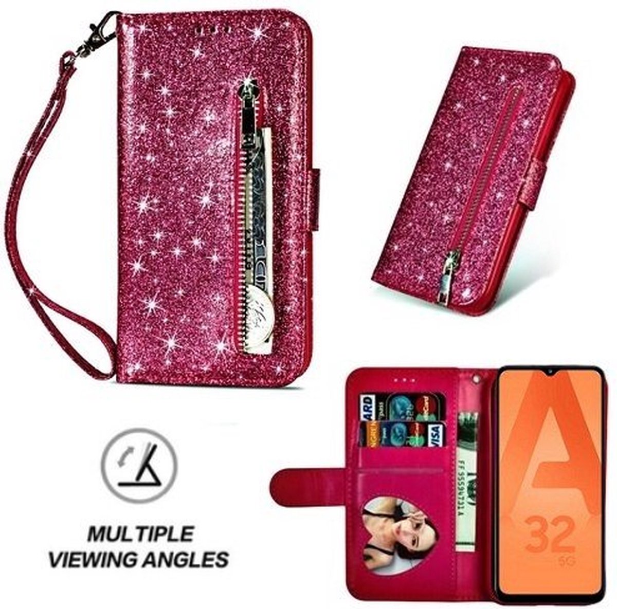 Samsung A32 5G Glitter Hoesje Met Pasjeshouder Bookcase Roze
