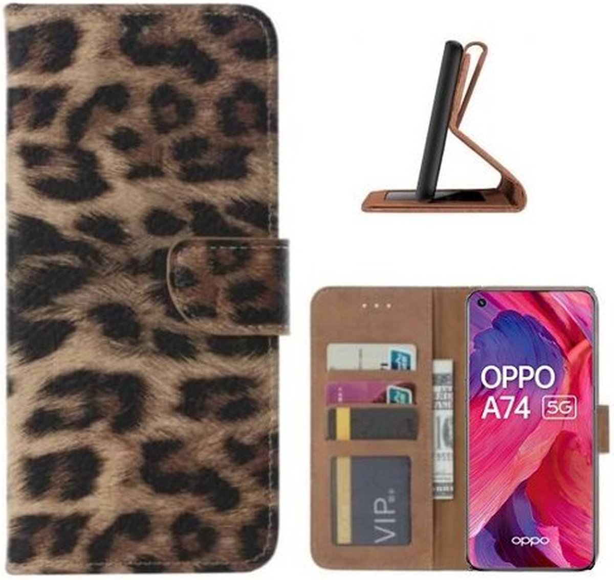 Oppo A74 5G Hoesje Met Pasjeshouder Bookcase Luipaard