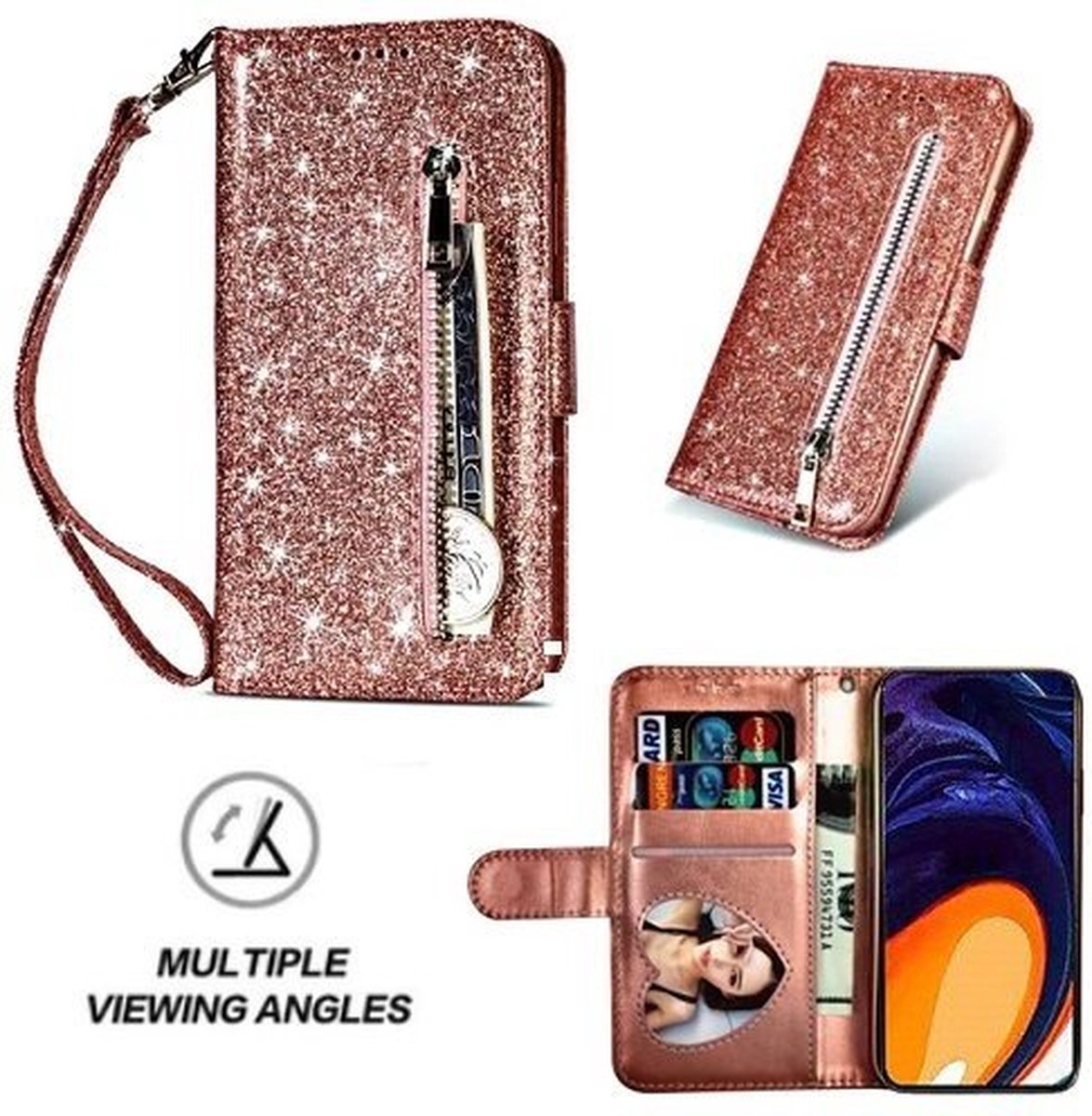Samsung A81 Glitter Hoesje Met Pasjeshouder Bookcase Rose Goud