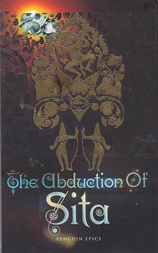 Boek 'The Abduction Of Sita' met gouden afbeelding van goden en dansende figuren op een donkere achtergrond.