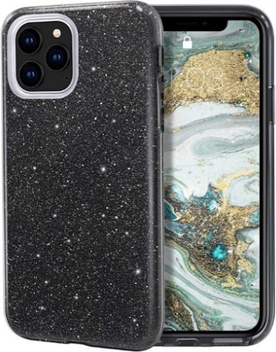 iPhone 12 Siliconen Glitter Hoesje Zwart