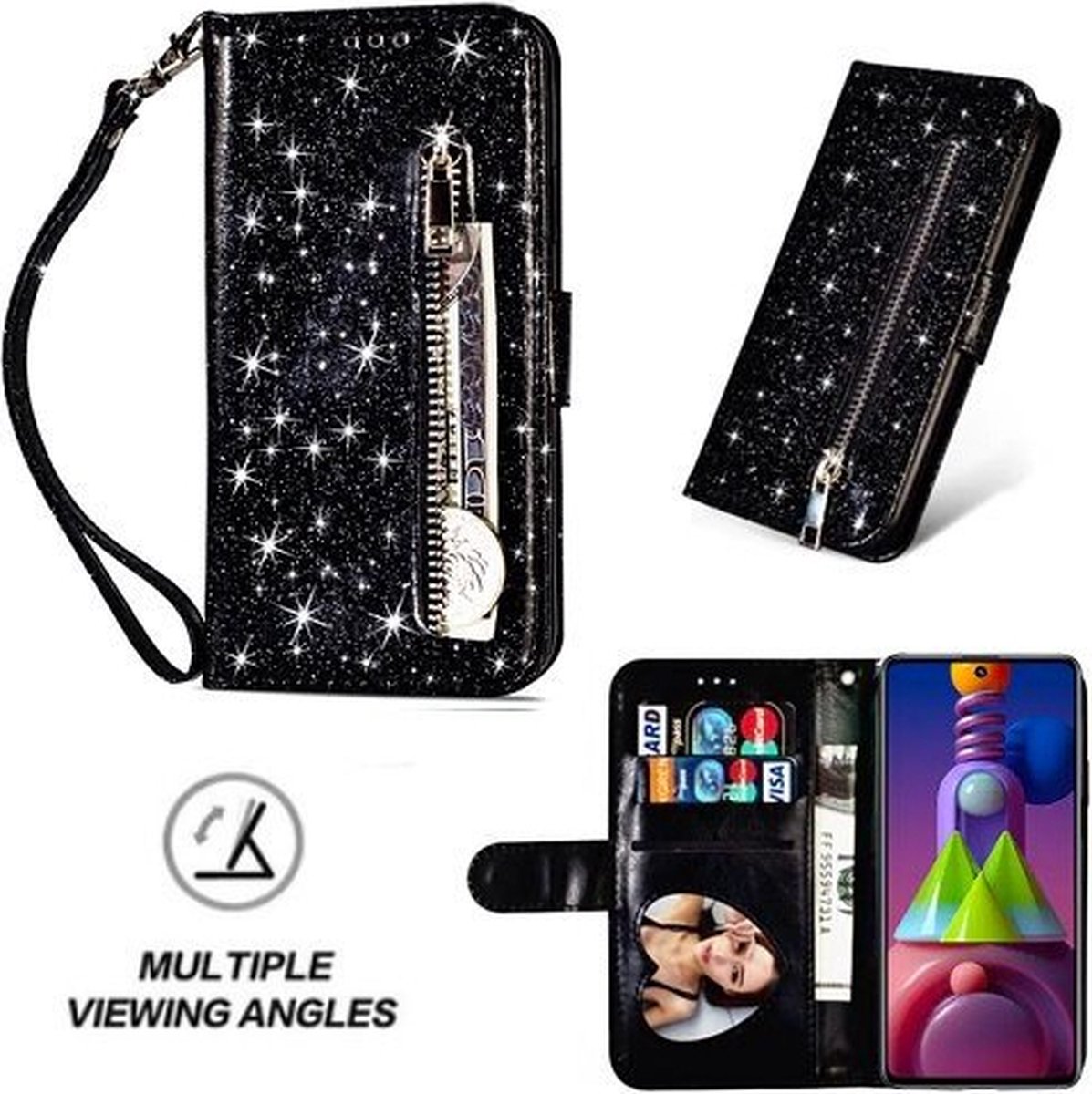 Samsung M51 Glitter Hoesje Met Pasjeshouder Bookcase Zwart