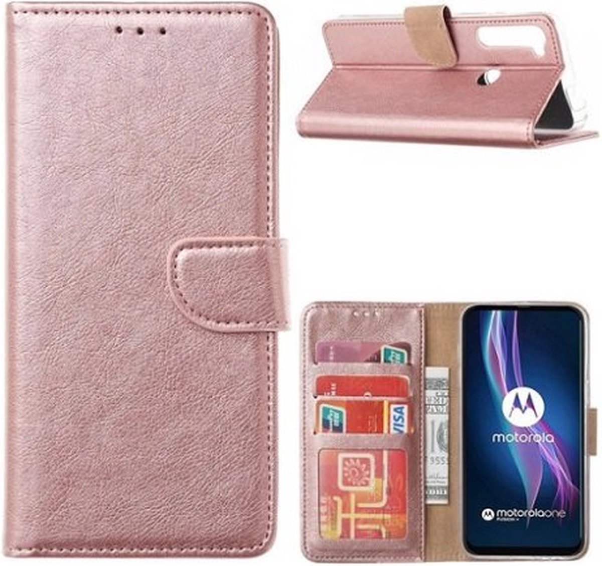 Motorola One Fusion Plus Hoesje Met Pasjeshouder Bookcase Rose Goud