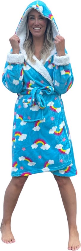 Dames badjas fleece - capuchon - gevoerd teddy - regenboog - Rebelle badjassen voor dames - 3XL