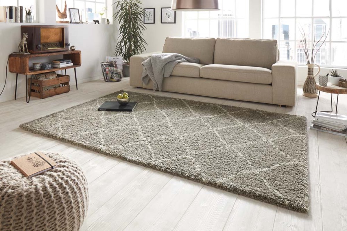 Hoogpolig vloerkleed geruit Allure - grijs/crème 120x170 cm
