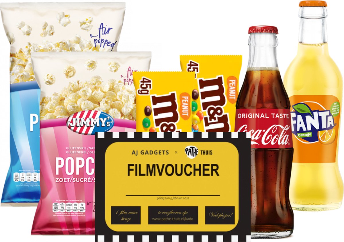 Filmpakket - Pathé thuis cadeau - cola, sinas, m&m's zoute en zoete Jimmy's popcorn met evt. persoonlijk bericht