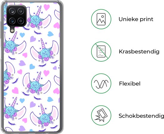 Coque Samsung Galaxy A12 - Meiden - Unicorn - Fleurs - Motifs - Fille - Kids - Enfants - Coque de téléphone en Siliconen