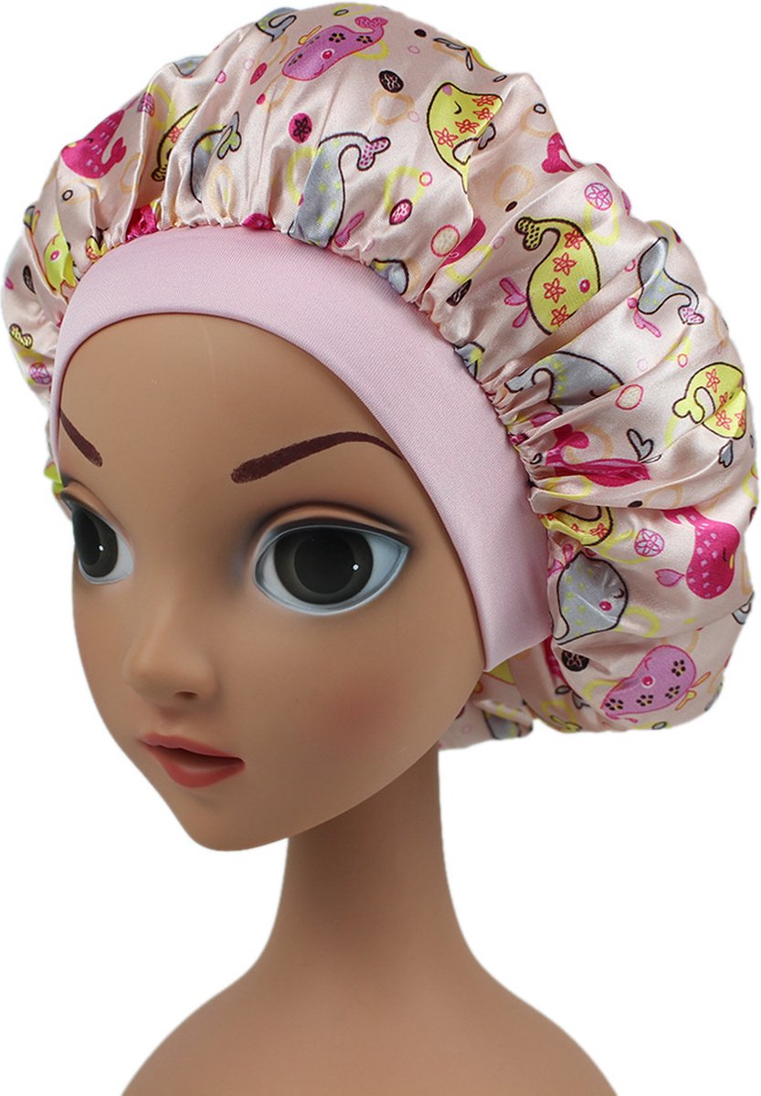 Satijnen Kinder Bonnet 2-8 jaar - Multi (Lichtroze) - Hair Bonnet- Slaapmuts- Assortiment 'Het Gemak'