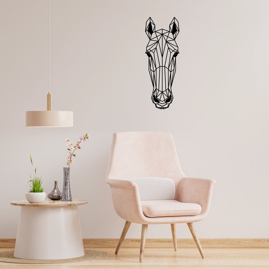 Geometrisch Paard - H 80cm B 30cm - Line art - Wall art - Muurdecoratie zwart - Van Aaken Design