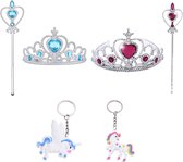 Het Betere Merk - Prinsessen Speelgoed - Prinses accessoireset - 2 x Kroon (Tiara) - 2 x Toverstaf - Unicorn Hanger - Voor bij je Verkleedkleding - Blauw - Paars