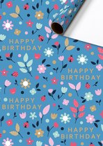 2 rollen Cadeaupapier - Benice - Blauw - 70cm breed - Verjaardag - Bloemen - Happy birthday