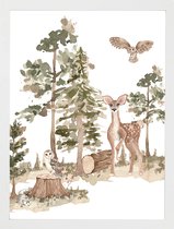 Poster aquarel hert en uil in het bos-Kinderkamer-Poster A4 formaat-Wanddecoratie-bosdieren- Kinderkameraccessoires
