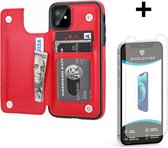 ShieldCase Wallet case geschikt voor Apple iPhone 12 Mini - 5.4 inch - ruimte voor pasjes - pasjeshouder - portemonnee - rood + glazen Screen Protector