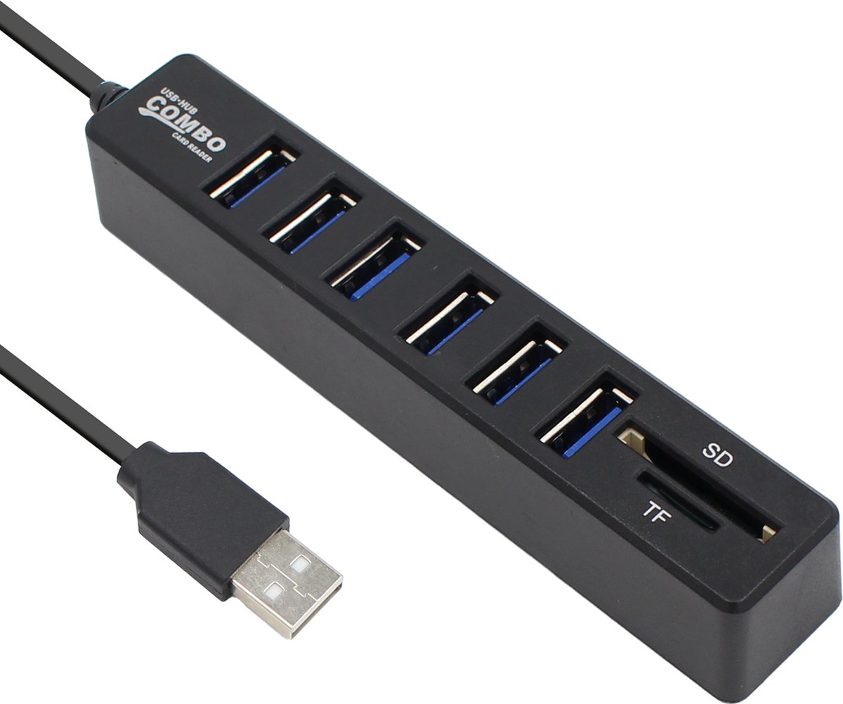 USB hub - 6 poorten - Kaartlezer - SD / T-Flash - Busgevoed - Zwart - Allteq