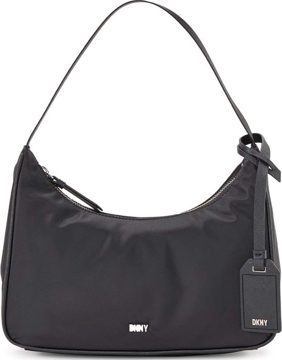 Zwarte DKNY schoudertas met zilverkleurig ritsdetail, enkele band en een losse leren label.