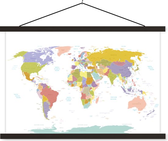 Wereldkaart pastel kleurrijk schoolplaat platte latten zwart 60x40 cm - Foto print op textielposter (wanddecoratie woonkamer/slaapkamer)