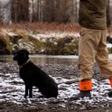 Persoon draagt Woody Max laarzen met omgeslagen oranje rand naast een hond op een besneeuwde ondergrond.