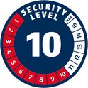Ronde sticker met de tekst 'SECURITY LEVEL 10' in wit op een donkerblauwe achtergrond met rode en witte cijfers.