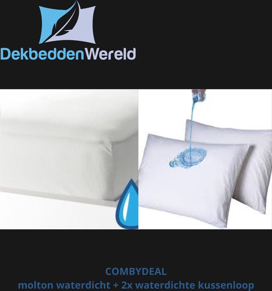 Dekbeddenwereld- CombyDEAL - molton waterdichte hoeslaken + 2 waterdichte kussenslopen - 180x200+30CM - 60x70CM - katoen - badstof - wit