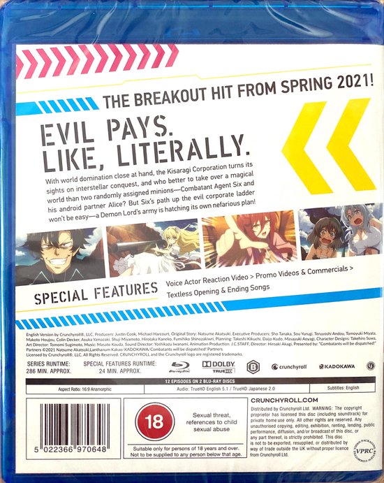 De achterkant van een Blu-ray hoes van "Evil Pays, Literally." met de tekst "The Breakout Hit From Spring 2021!" en anime-personages.
