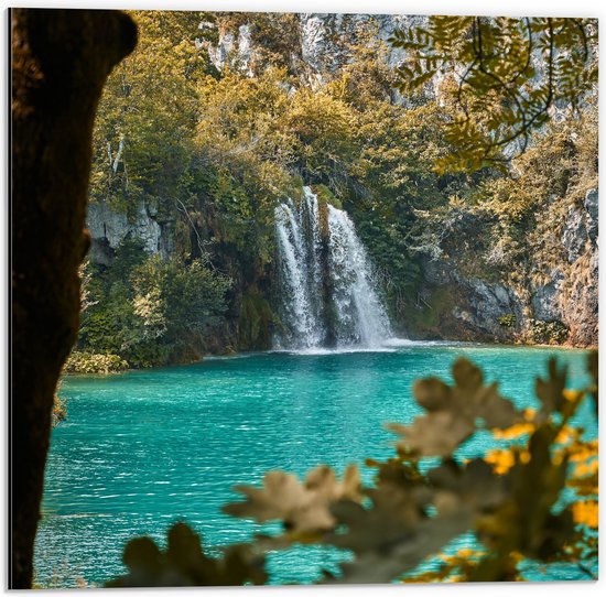 WallClassics - Dibond - Kleine Waterval in Meer met Takken - 50x50 cm Foto op Aluminium (Wanddecoratie van metaal)