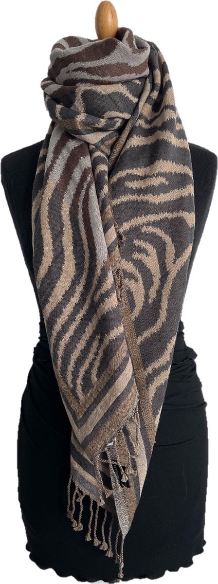 HIGHFIELD SHAWL GEWEVEN FANCY ZEBRA DESSIN 70CM X 180CM. ANTRACITE/ZAND/COGNAC