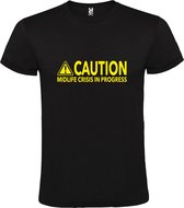 Zwart T-Shirt met “ Caution Midlife Crisis in Progress “ tekst Neon Geel Size M